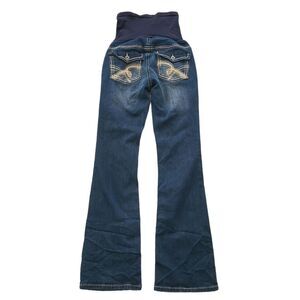 EUC Maturity Indigo Blue embroidery denim flare leg Jeans S/P, blue